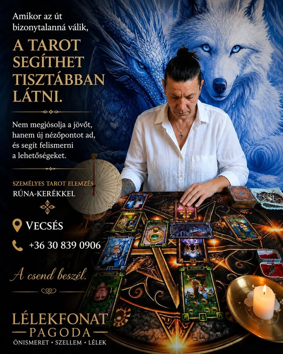 Személyes tarot elemzés rúna-kerékkel – kirakott tarot lapok gyertyafényben